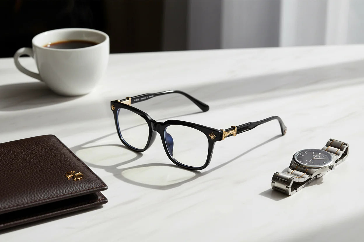 Lunette Écran pour Femme sur une table avec un café, un portefeuille et une montre, offrant protection contre la lumière bleue.